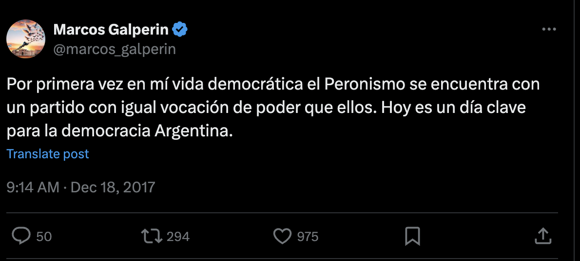 Tuit de Galperin en respaldo a Macri.