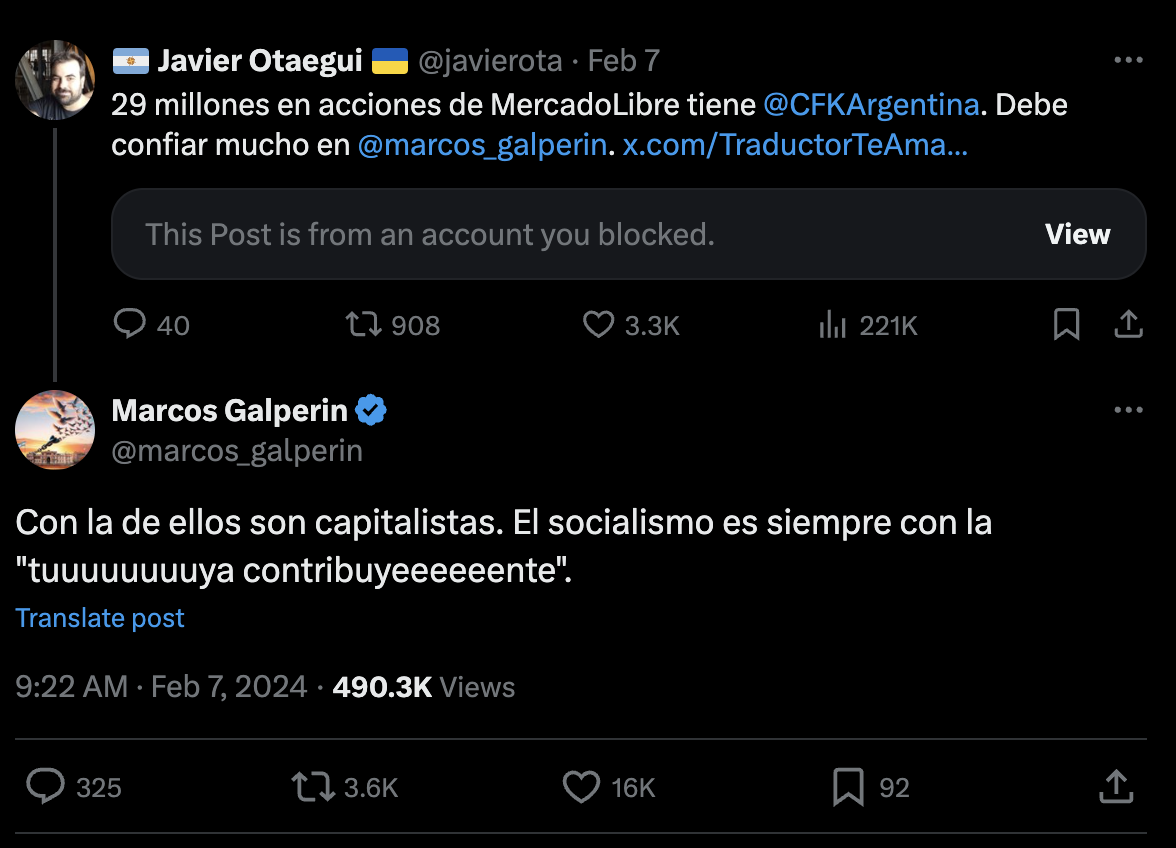 Tuit de Galperin por la compra de acciones de CFK en Mercado Libre.