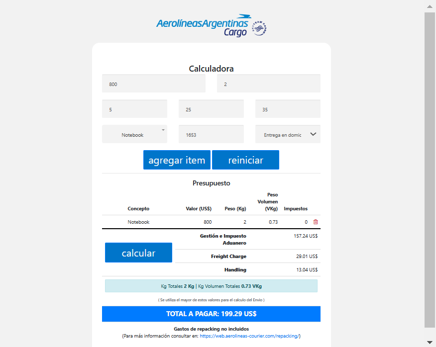 Calculo aproximado de cuánto saldría traer una notebook