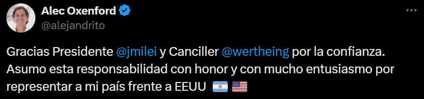 El posteo de Alec Oxenford tras su designación como embajador en Estados Unidos